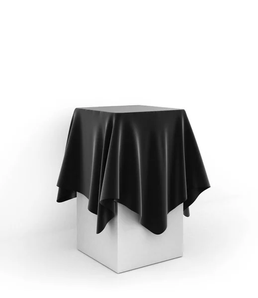 Prezentacja cokole pokryta czarną tkaniną na biały tył — Zdjęcie stockowe
