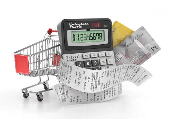Conceptul de cumpărături. Calculator încolăcit în cec de la magazin cu c — Fotografie, imagine de stoc