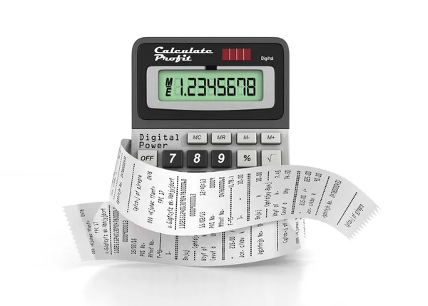 Concept of shopping. Calculator coiled in check from shop. 3d il — Stock Photo, Image