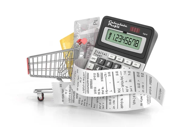 Concept of shopping. Calculator coiled in check from shop with c — Stock Photo, Image
