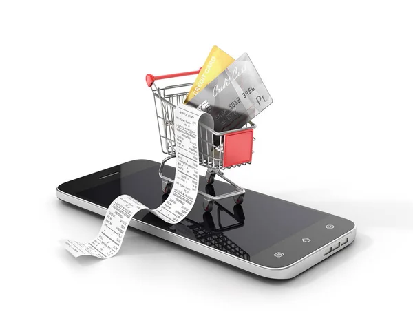 Konzept des Einkaufens. Einkaufswagen mit Kreditkarten und langen Quittungen auf dem Smartphone. 3D-Illustration — Stockfoto