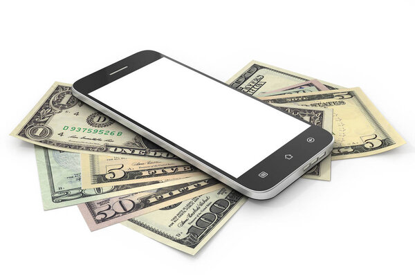 Mobile phone and money on white background. Concept of payment a