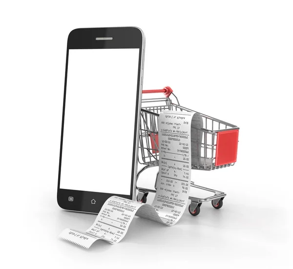 Concept of shopping. Shopping trolley with long receipts on the — Stock Photo, Image