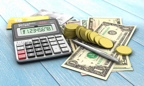 Finance concept. Calculator with coins and money of different va — Stock Photo, Image