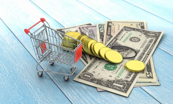 Alışveriş kavramı. Farklı değeri para ile alışveriş arabası