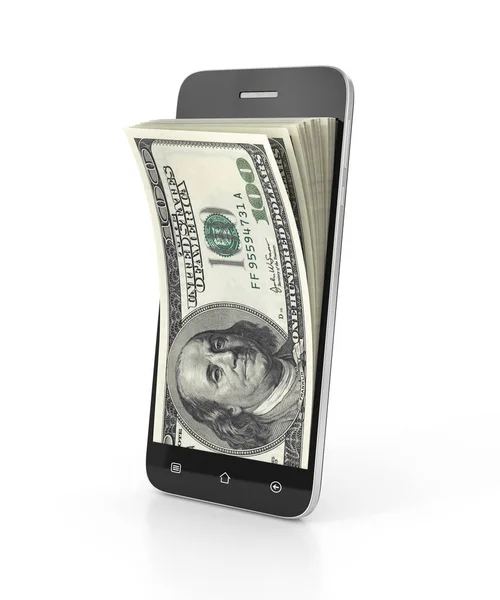 E-geld concept. Smartphone met geld van het scherm. 3D illustratie — Stockfoto