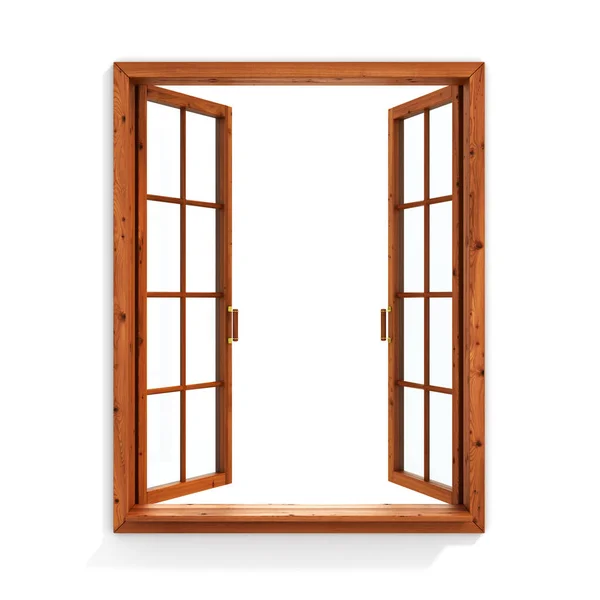 Ανοιχτό ξύλινο παράθυρο που απομονώνονται σε λευκό φόντο. — Φωτογραφία Αρχείου