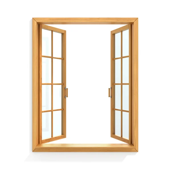 Ανοιχτό ξύλινο παράθυρο που απομονώνονται σε λευκό φόντο. — Φωτογραφία Αρχείου