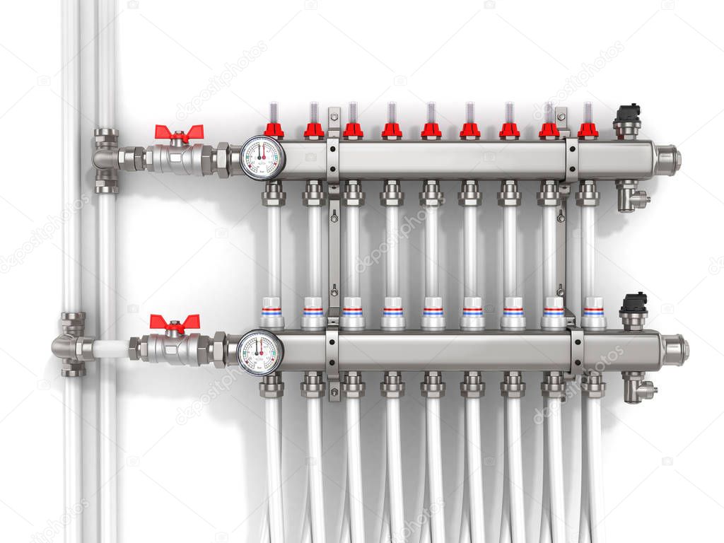 Collector, manifold, heating system for underfloor heating