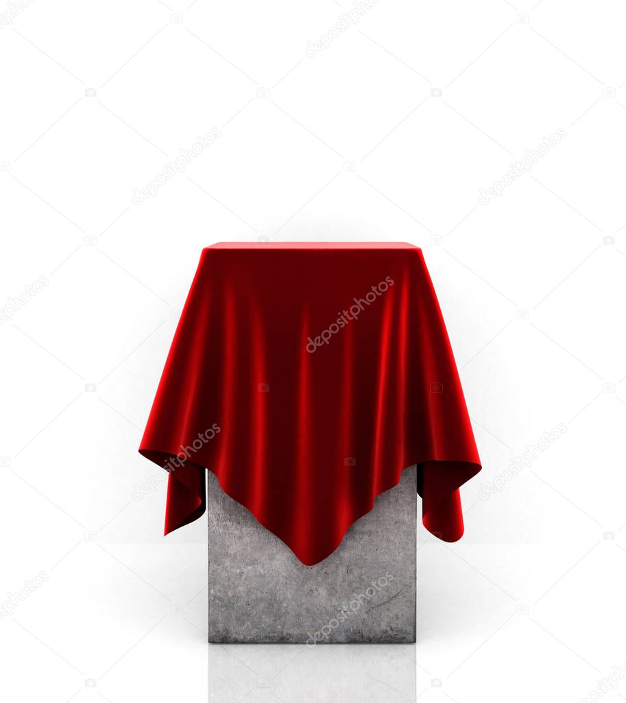 Presentation pedestal covered with a red cloth in front on a whi