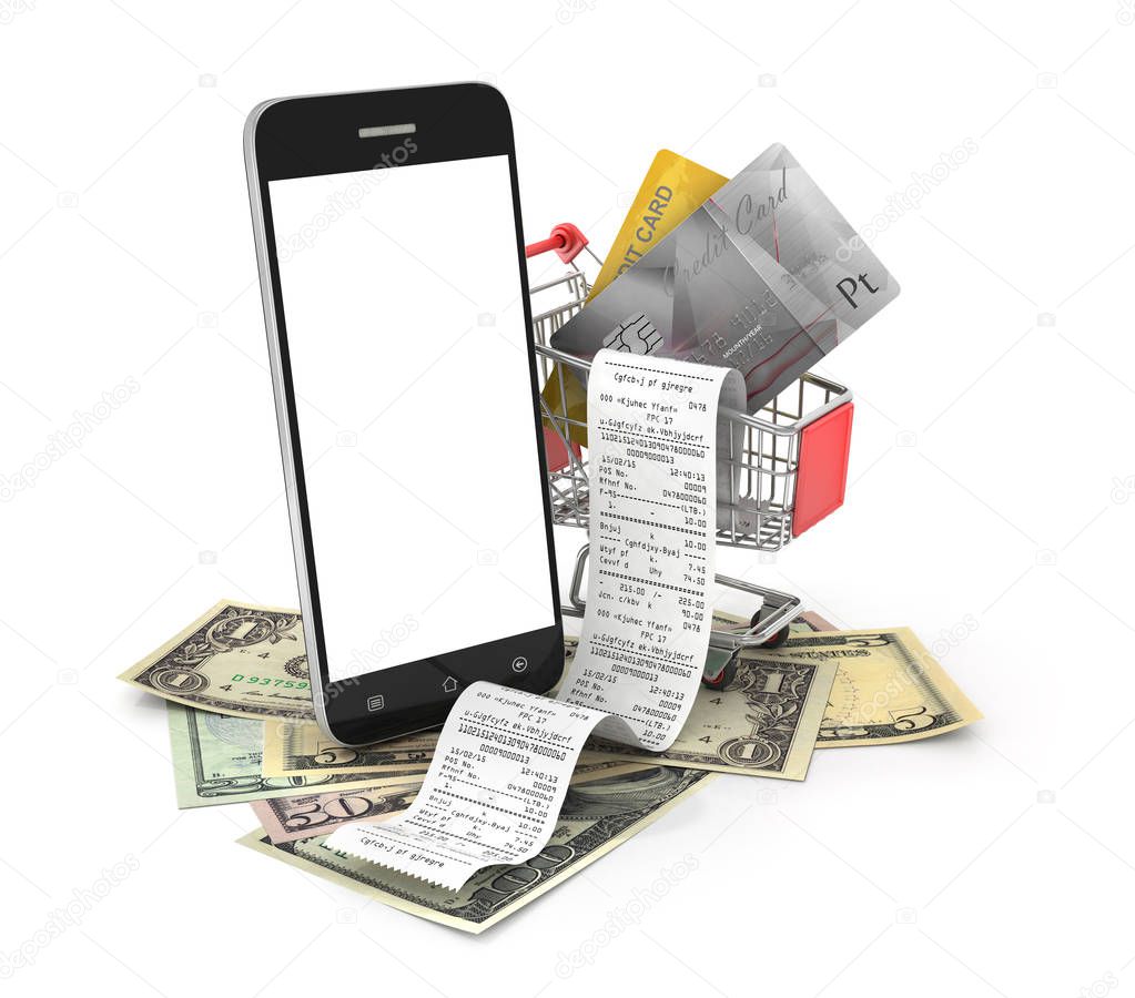 Mobile phone and money on white background. Concept of payment and savings. 3d illustration
