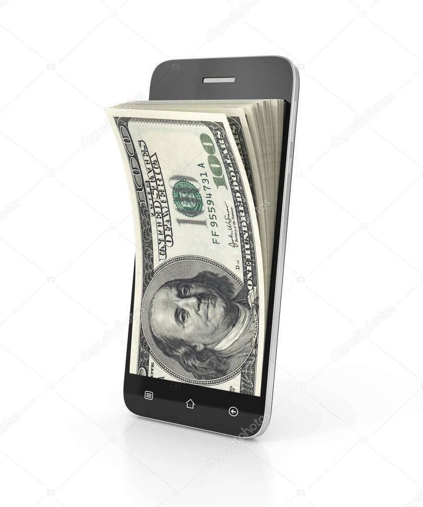 E-money concept. Smartphone with money from the screen. 3d illustration