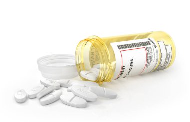 Beyaz arka plan üzerinde izole hap hapları şişe açın. 3D Il