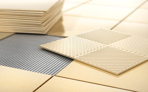 Process of floor coating. Ceramic tile on a tiled floor. 3d illu — Stock Photo, Image