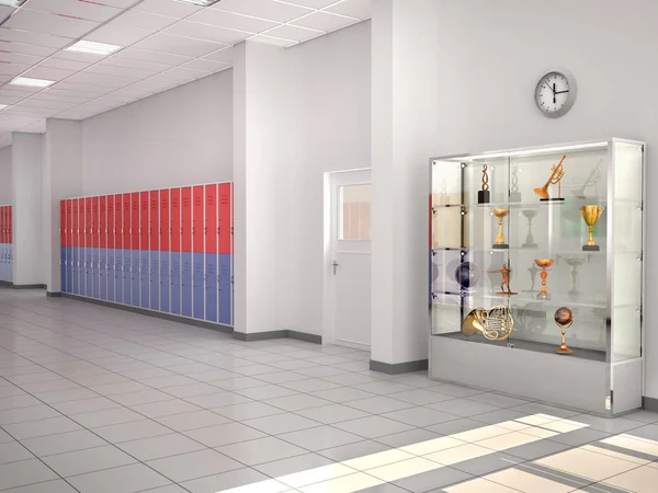 Garderob med utmärkelser i skolans korridor. 3D illustration — Stockfoto