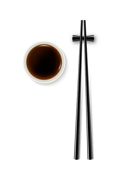 Soy sauce and chopsticks isolated on white background — Stock Vector