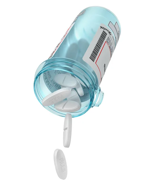 Píldoras abiertas Botella con píldoras que caen aisladas en el fondo blanco — Foto de Stock