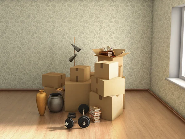 Рухомі коробки в порожній кімнаті, 3d ілюстрація — стокове фото