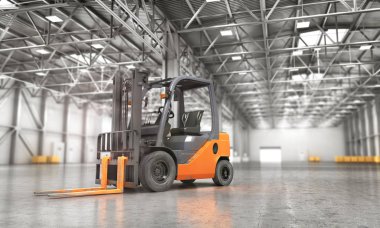Ambar kavramı. Üzerinde boş büyük depodaki forklift