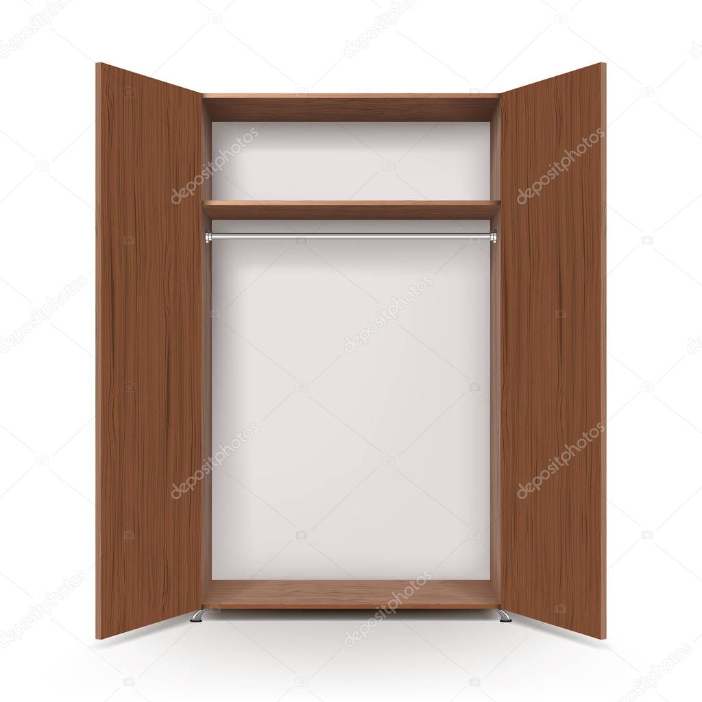 Empty open wooden wardrobe isolated on the white background