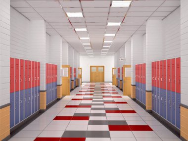 yüksek okul koridorunda dolap. 3D çizim