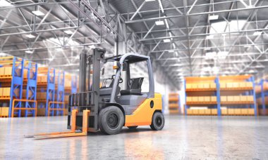 Ambar kavramı. Blurr üzerinde büyük bir depo içinde forklift