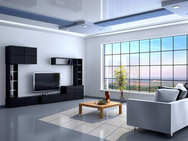 interior in minimalist style with large window. 3d illustration