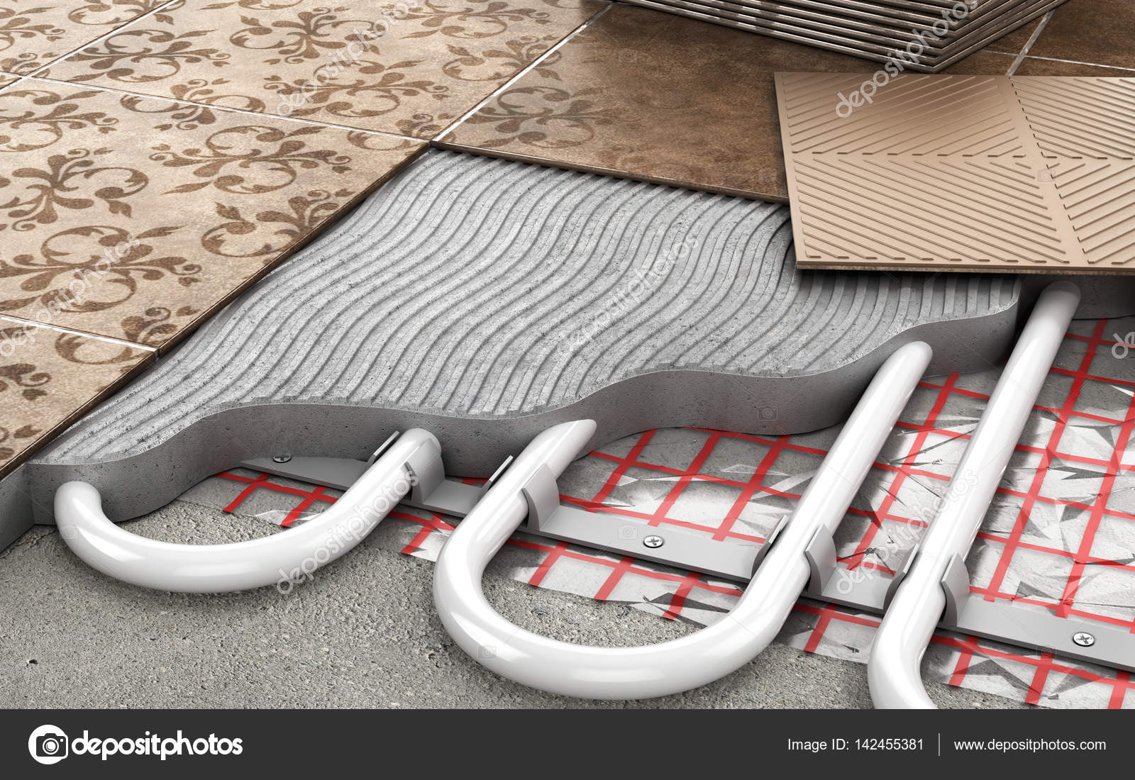 Heating concept. Underfloor heating. Layers of heating floor in — Stock
