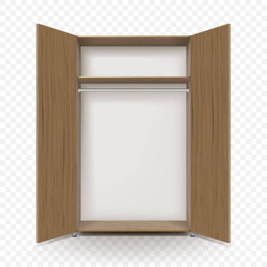 Boş açık ahşap dolap üzerinde şeffaf arka plan izole