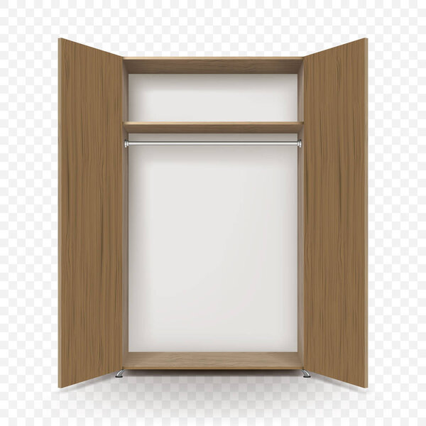 Empty open wooden wardrobe isolated on transparent background