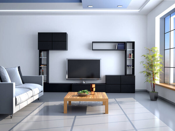 The interior in style of minimalism. Wall with TV. 3d illustrati