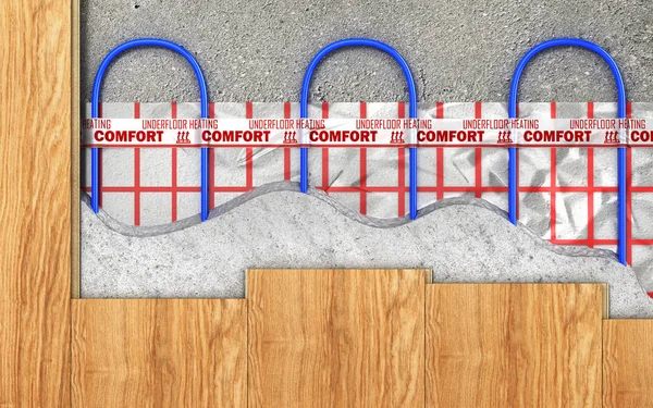 Heating concept. Underfloor heating. Layers of heating floor in — Stock Photo, Image