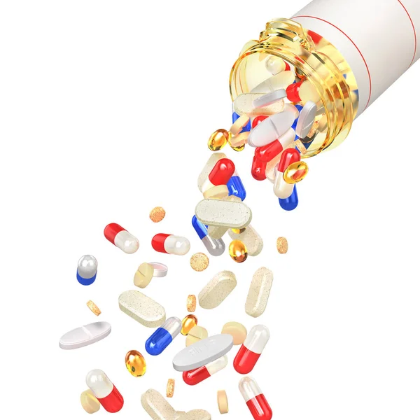 Comprimidos abertos Garrafa com pílulas caindo isolado no backgroun branco — Fotografia de Stock