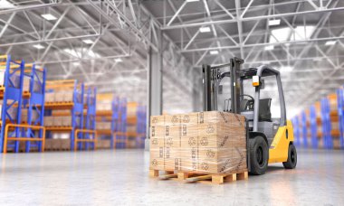 Ambar kavramı. Blurr üzerinde büyük bir depo içinde forklift