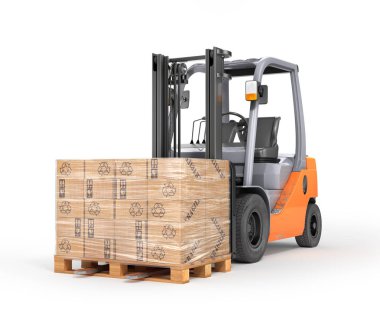 Palet kutuları ile forklift. İzole beyaz arka plan. 3D ben