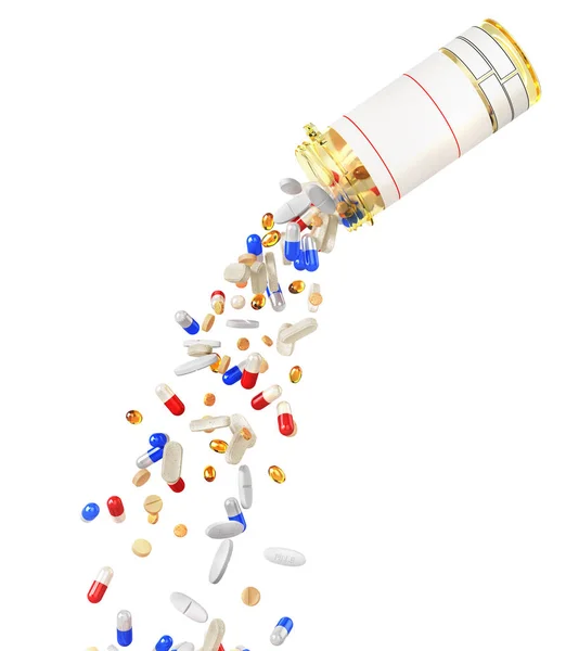 떨어지는 약 백색 backgroun에 고립 된 오픈 약 병 — 스톡 사진