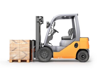 Palet kutuları ile forklift. İzole beyaz arka plan. 3D ben