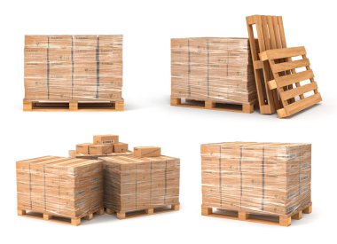 Ahşap palet üzerindeki karton kutuları kümesi. Teslimat kavramı. 3D Il
