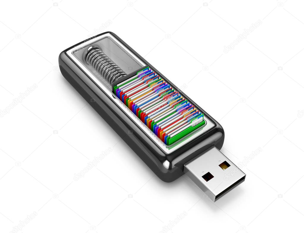 Multicolored office folder with documents inside a USB drive on 
