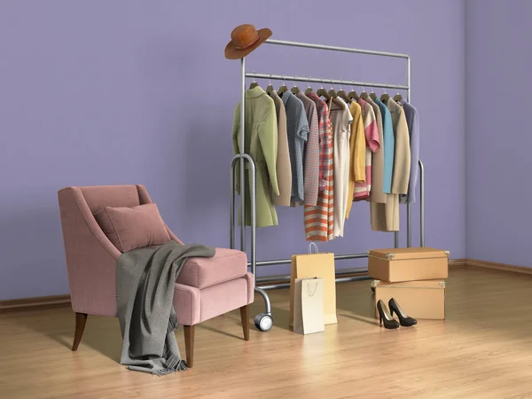 Комната с одеждой, сумками, коробками и обувью — стоковое фото