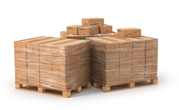 Kartonów na palecie drewnianej. Koncepcja dostawy. krótsze, 3D. — Zdjęcie stockowe