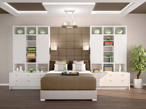 Ελαφρύ και άνετο μοντέρνο υπνοδωμάτιο με ντουλάπες στις πλευρές. 3D il — Φωτογραφία Αρχείου
