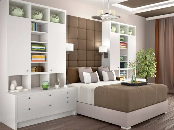 Acogedor y luminoso dormitorio moderno con armarios empotrados en los laterales. 3d il —  Fotos de Stock