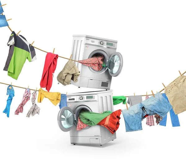 Велика концепція прання. Одяг на мотузках поспішає з w — стокове фото