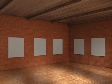 Tuğla duvar ve ahşap tavan ile boş büyük Galeri. 3D illustrat