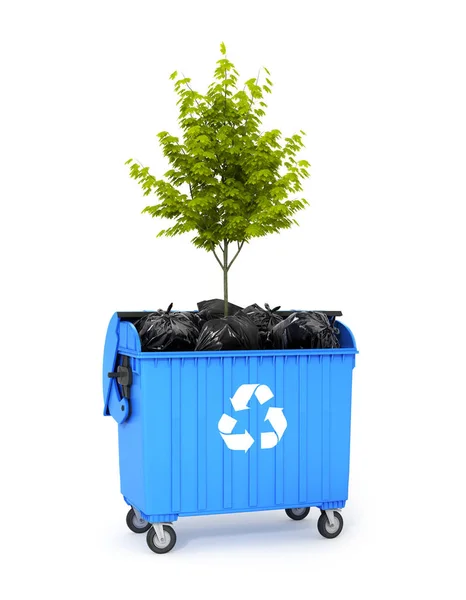 Modrý kontejner (kontejner) ze které vykukují pytle na odpadky a gre — Stock fotografie