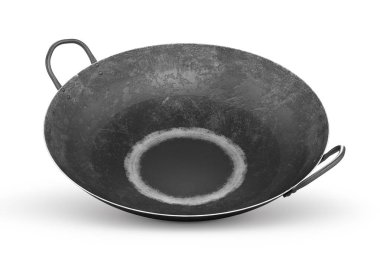 Beyaz bir arka plan üzerinde izole eski wok tava. 3D çizim