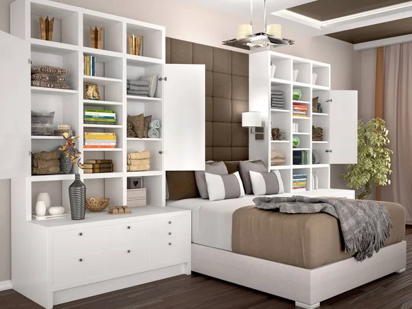 Acogedor y luminoso dormitorio moderno con armarios abiertos en los laterales . — Foto de Stock