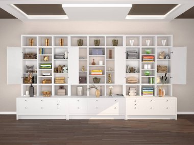 Beyaz dolapları ile farklı içerik öğeleri açın. 3D illustratio