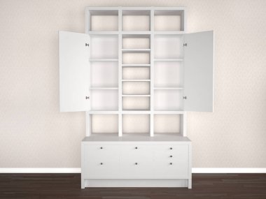 Açık kapı ile beyaz yatak odası dolap. 3D çizim